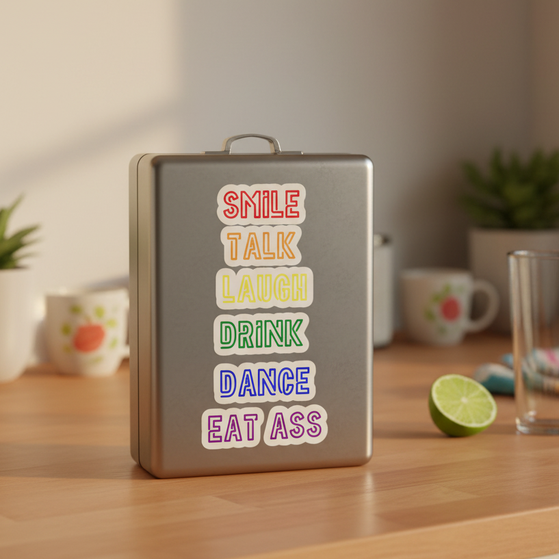 Metal lunchbox on wood counter, decked out in “Smile, Talk, Laugh, Drink, Dance, Eat Ass” stickers; fruit cups, lime nearby.