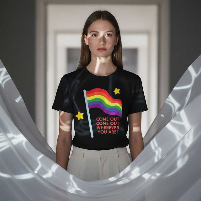 LGBTQ+ cotton t-shirt with rainbow flag, yellow stars, and “COME OUT COME OUT WHEREVER YOU ARE!” slogan; worn indoors.