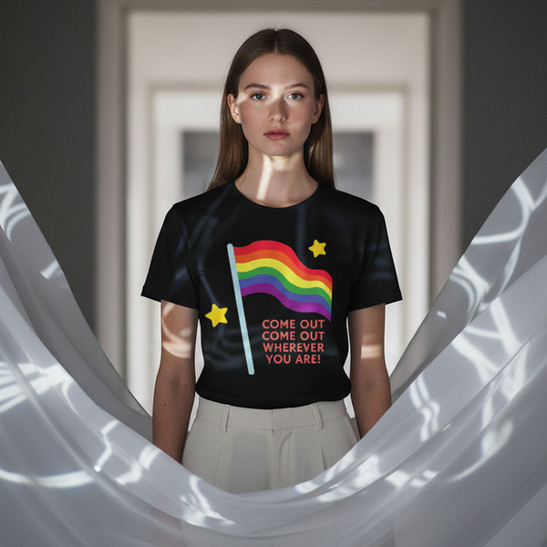 LGBTQ+ cotton t-shirt with rainbow flag, yellow stars, and “COME OUT COME OUT WHEREVER YOU ARE!” slogan; worn indoors.
