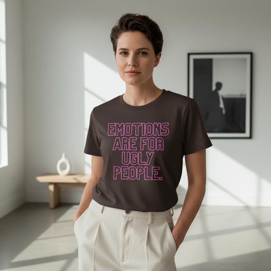 Unisex cotton T-shirt with bold pink "Emotions Are For Ugly People" slogan, worn by a short-haired woman in a bright room.
