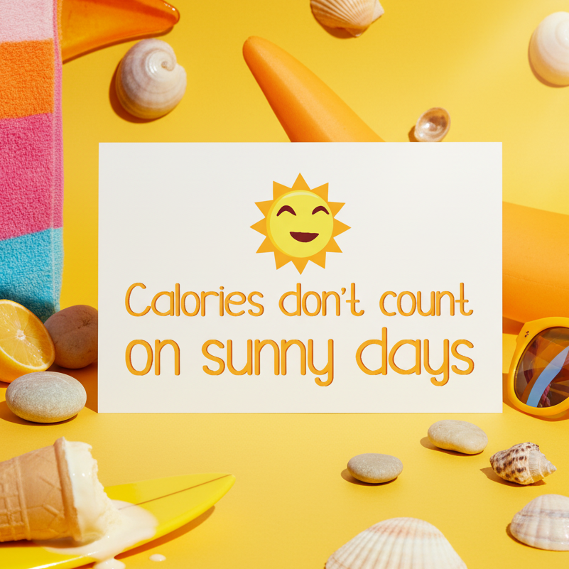 Postcard reading “Calories don’t count on sunny days,” styled with a smiling sun and beach objects