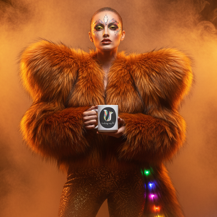 Model in an orange faux-fur coat holding a mug with a colorful fox graphic and “Feeling my fox” text