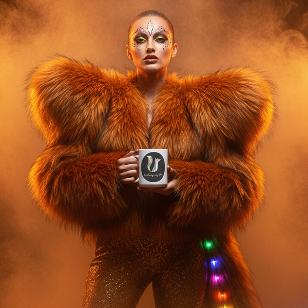 Person in an orange-rust fur coat, glam makeup, holding the Feeling My Fox Mug with a bold “U” logo, surrounded by multicolored lights, embodying queer pride and self-expression.