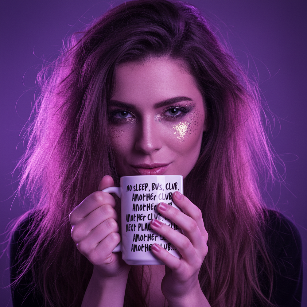 Close-up of a person holding a white mug printed with “NO SLEEP, BUS, CLUB, ANOTHER CLUB”