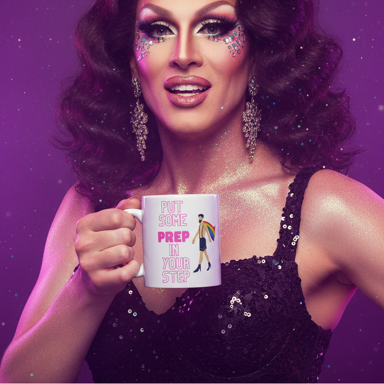 Drag performer holding a mug reading “PUT SOME PREP IN YOUR STEP”