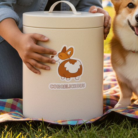 Beige container with a Corgelicious cartoon corgi sticker, held over plaid blanket next to a real corgi on grass outdoors.