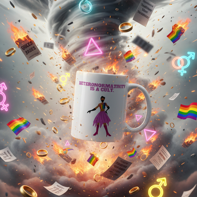 Close-up of a mug reading “HETERONORMATIVITY IS A CULT.” with a colorful figure design
