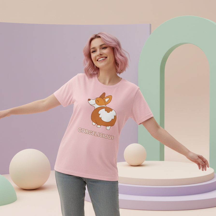Unisex cotton Corgelicious T-shirt with "CORGELICIOUS" and cartoon corgi, worn by a pink-haired woman in a pastel queer set.