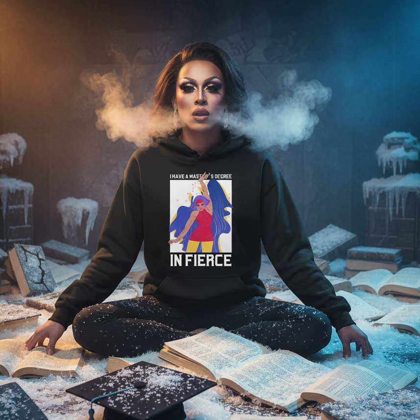 Black hoodie with “I HAVE A MASTER'S DEGREE IN FIERCE” graphic, worn by a drag performer