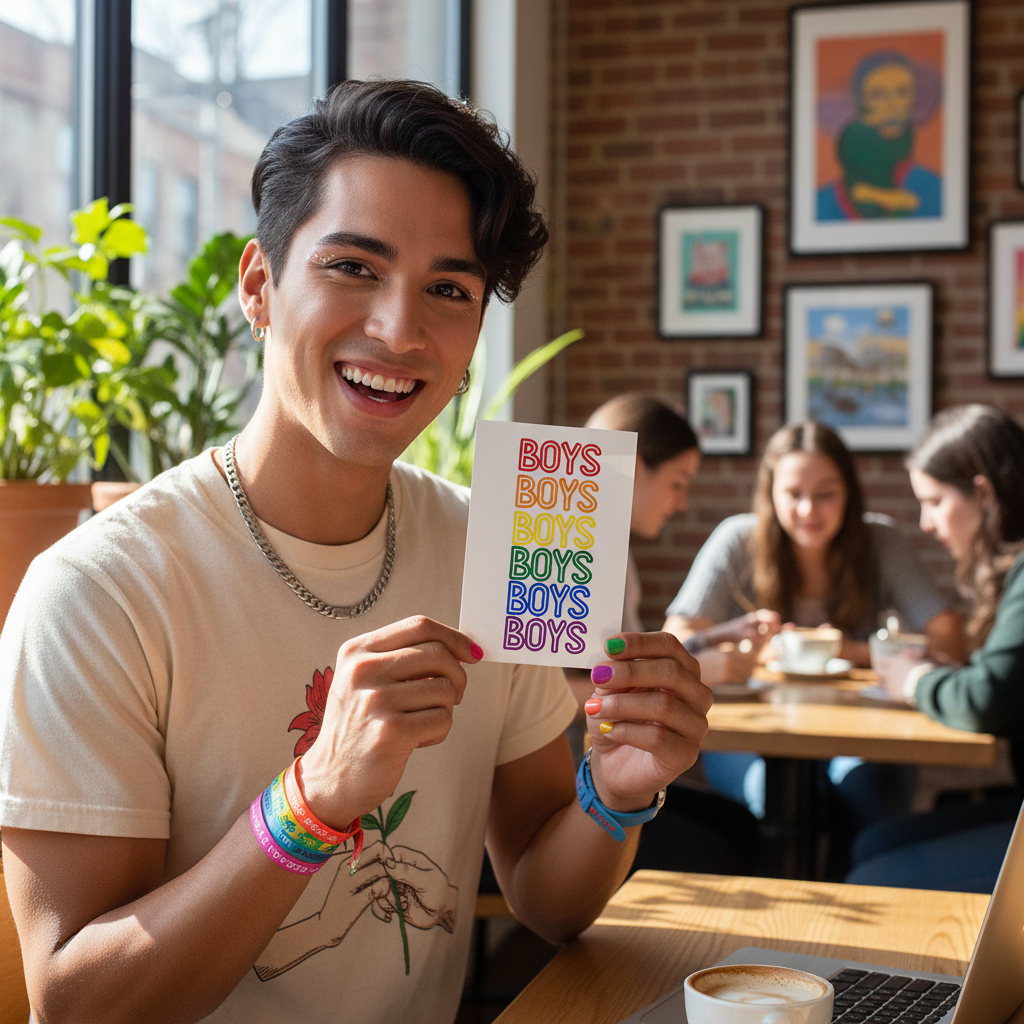 Boys Boys Boys Postcard with “BOYS” in rainbow colors, held by a queer person in rainbow bracelets and flower tee at a café.
