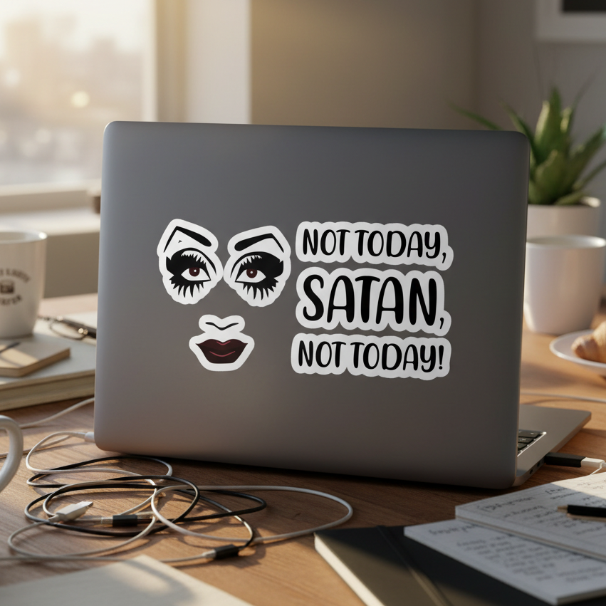 Not Today Satan Bubble-Free Sticker with cartoon eyes, lips, and “NOT TODAY, SATAN, NOT TODAY!” on a silver laptop desk setup.
