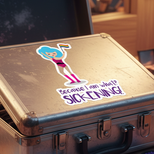Metallic suitcase with a “Because I Am What? SICKENING!” sticker—cartoon in blue hair, fishnets, pink boots. Text: Because I am what? SICK-ENING!.