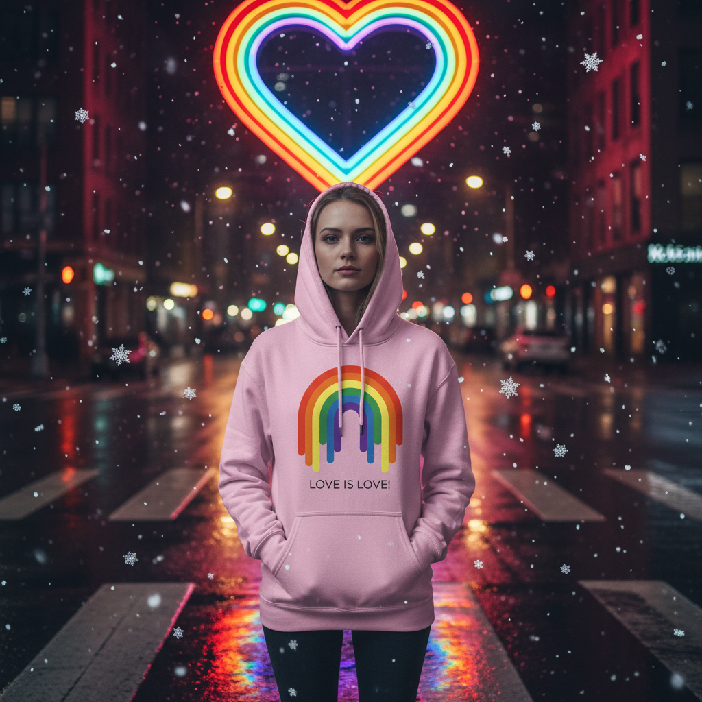 Pink hoodie with rainbow heart graphic and “LOVE IS LOVE!” text, worn in a snowy city street