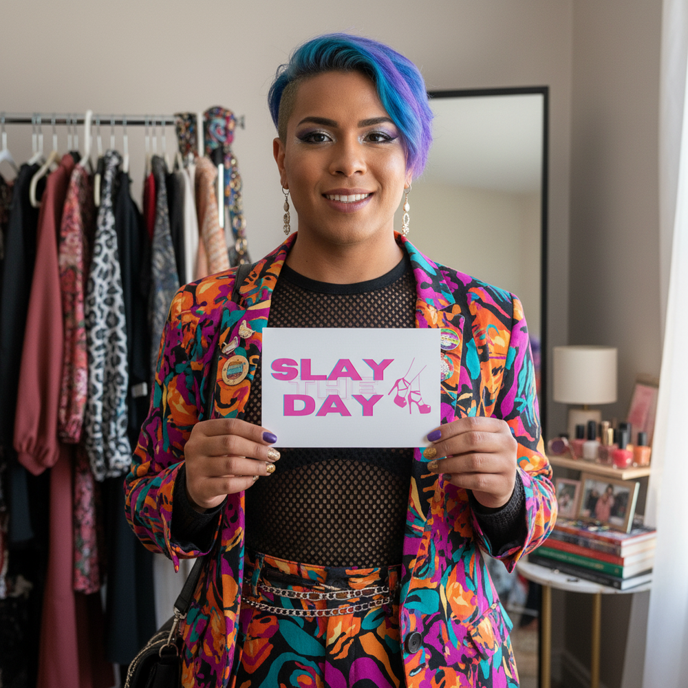 Person in a colorful patterned suit holds a postcard reading “SLAY THE DAY”