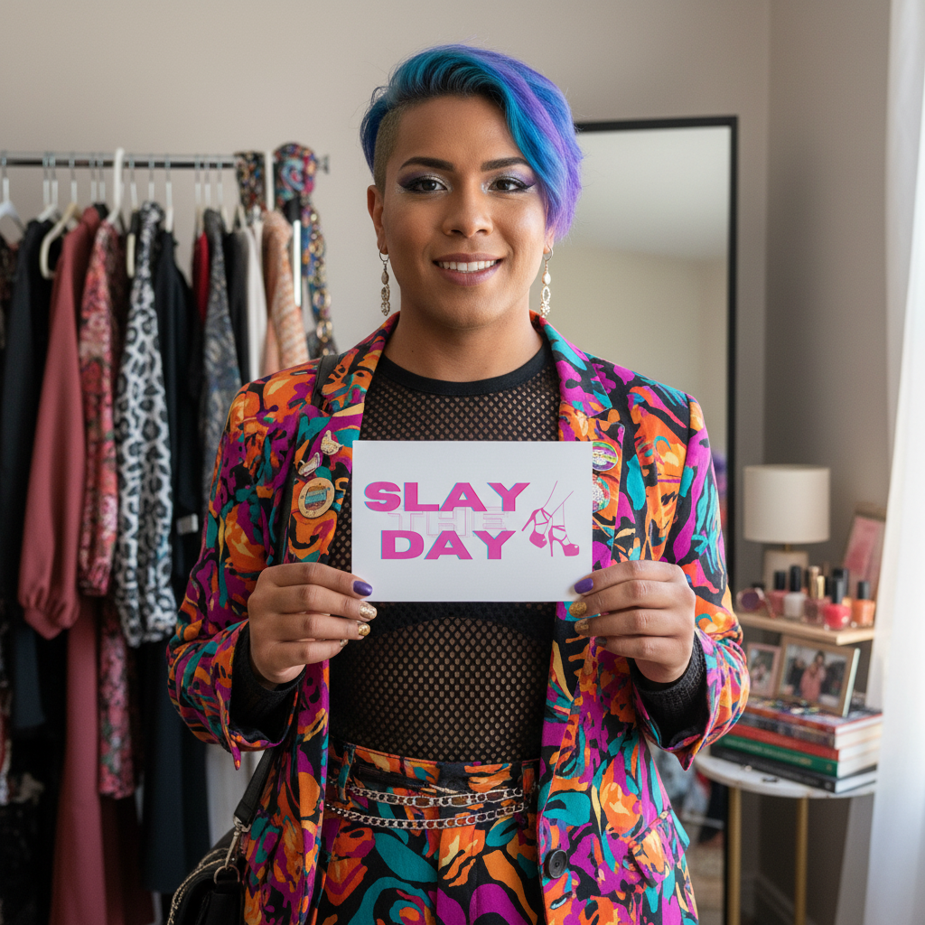 Slay The Day" postcard held by a smiling person with short blue and purple hair, wearing a colorful suit and mesh top in a queer room with clothes, books, beauty products, and bold LGBTQ postcards.