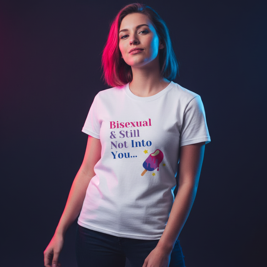 White unisex “Bisexual & Still Not Into You…” T-shirt with rocket graphic, worn by person with short pink-brown hair.