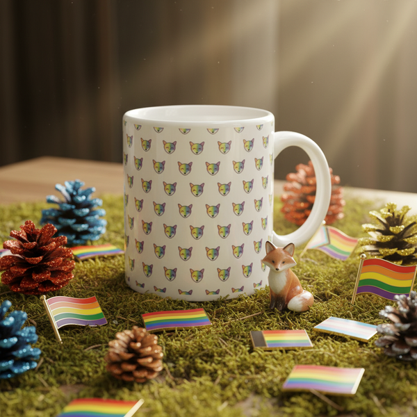 Rainbow Fox Mug displayed on green moss, featuring a vibrant fox pattern. Accompanied by a small fox figurine, rainbow flags, and colorful pine cones, embodying joyful LGBTQIA+ pride and self-expression.