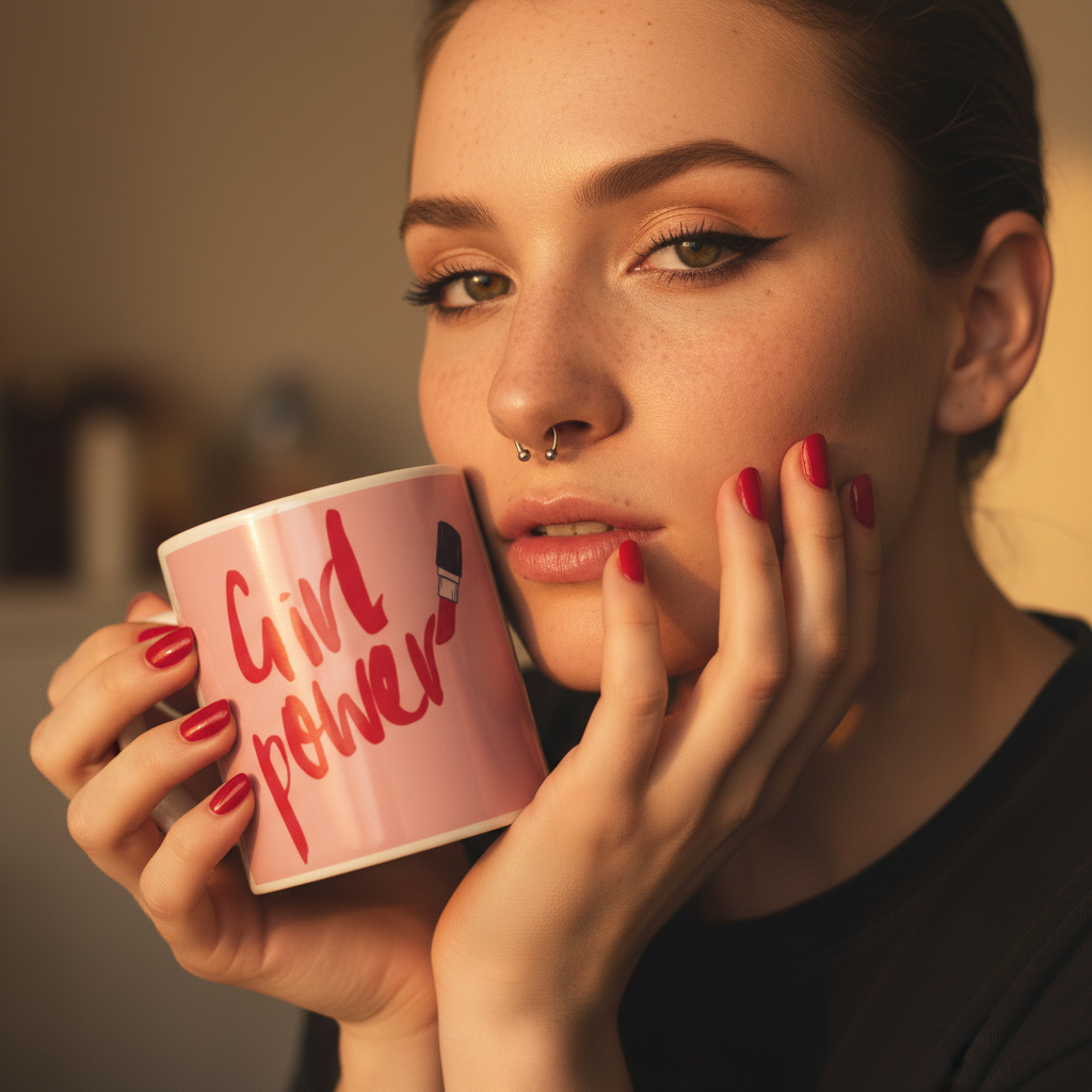 Young woman confidently holds a Girl Power pink mug, adorned with bold red-pink lettering and lipstick graphic, symbolizing empowerment. Her red nails match the mug's vibrant design, echoing joyful queer pride.
