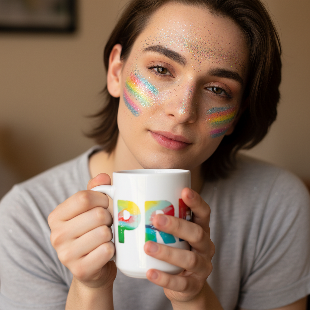 Young person with rainbow glittered cheeks holds a PRIDE mug, showcasing vibrant LGBTQ+ pride. The mug, from Queer In The World, embodies empowerment and self-expression. Ideal for celebrating identity with every sip.
