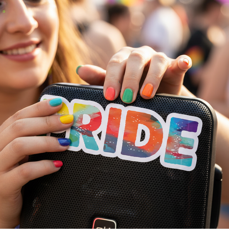 Black bag with Pride Bubble-Free Stickers, held by a smiling person rocking rainbow nails at a blurred outdoor queer event.