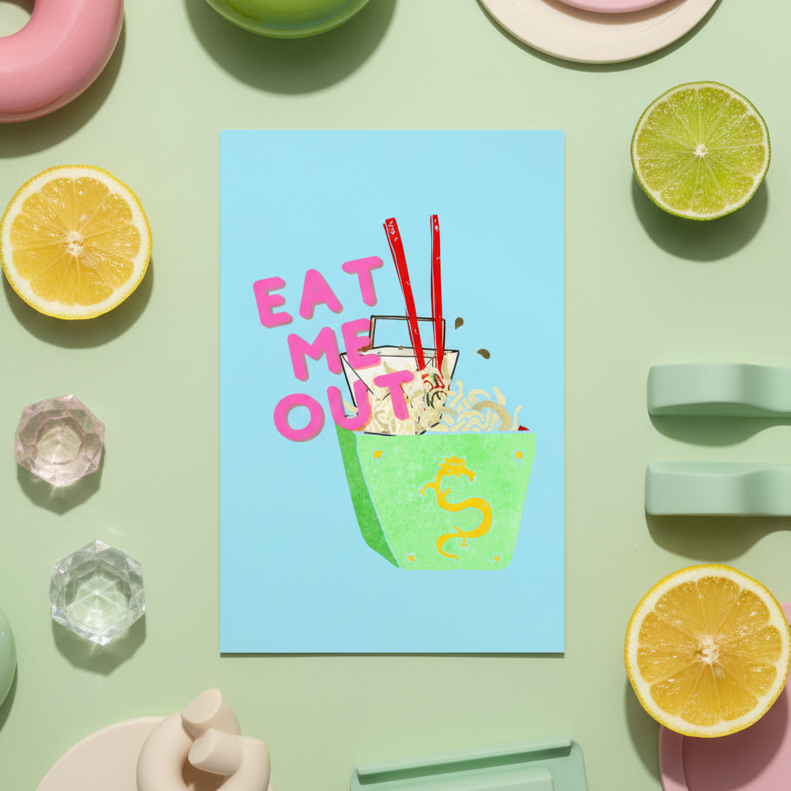 Postcard with “EAT ME OUT” in pink on blue, cartoon noodles in a takeout box, halved citrus, pastel cups, and playful queer vibes.