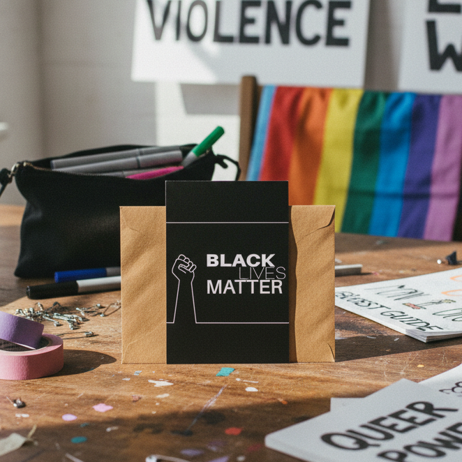 Black Lives Matter postcard with a bold raised fist sits with queer stationery and art supplies; rainbow Pride flag in the background.