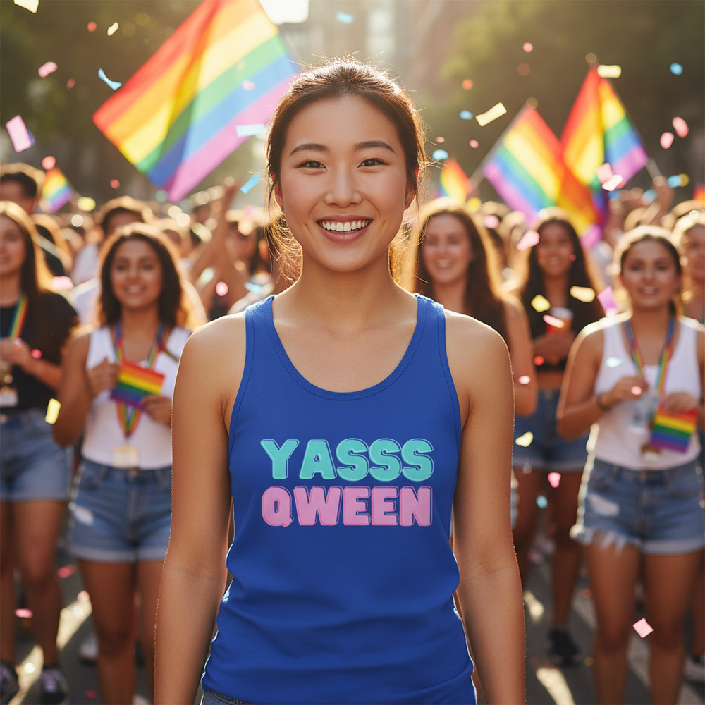 Yasss Qween Unisex Tank Top worn by a smiling person at a sunny, rainbow-filled LGBTQ+ pride parade with flags and confetti.