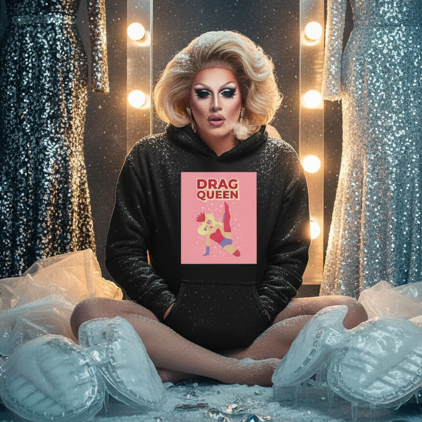 Drag queen wearing a black hoodie with a pink “DRAG QUEEN” graphic in a glittery dressing room