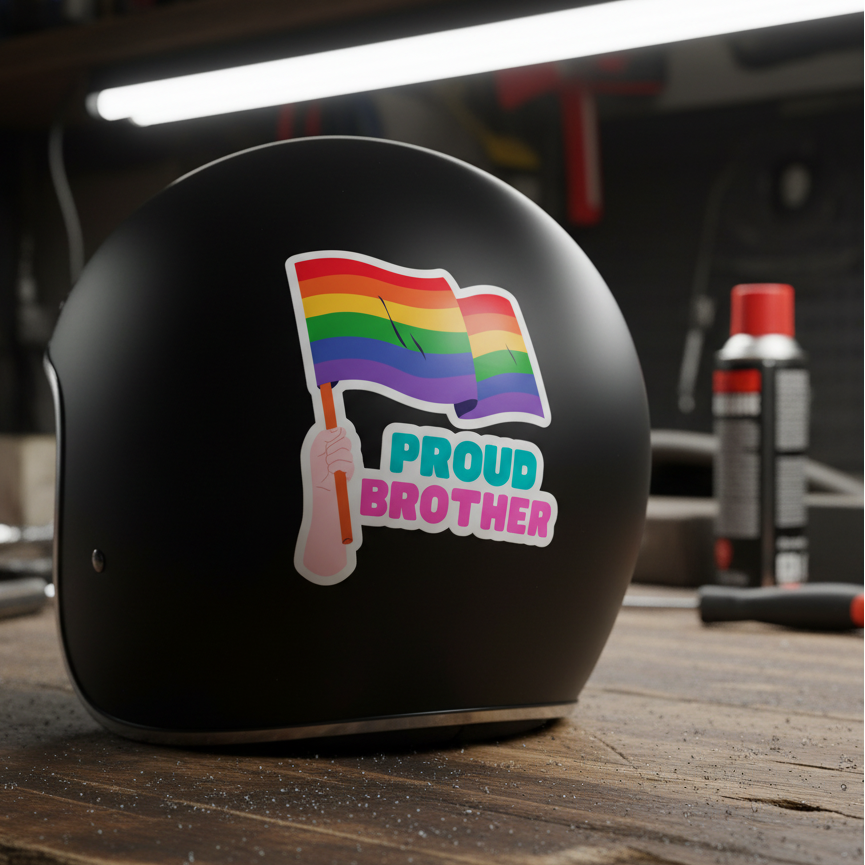 Matte black helmet on workbench with a bubble-free sticker—a hand waving a rainbow pride flag and bold "PROUD BROTHER" text.