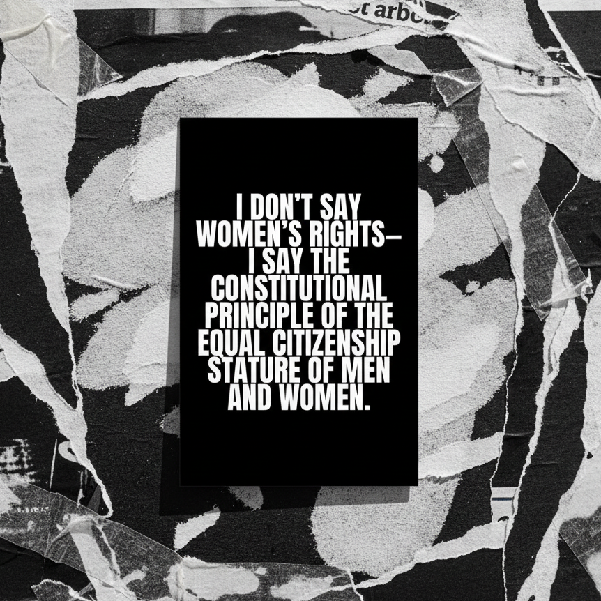 Black-and-white postcard reading “I DON’T SAY WOMEN’S RIGHTS— I SAY THE CONSTITUTIONAL PRINCIPLE OF EQUAL CITIZENSHIP”
