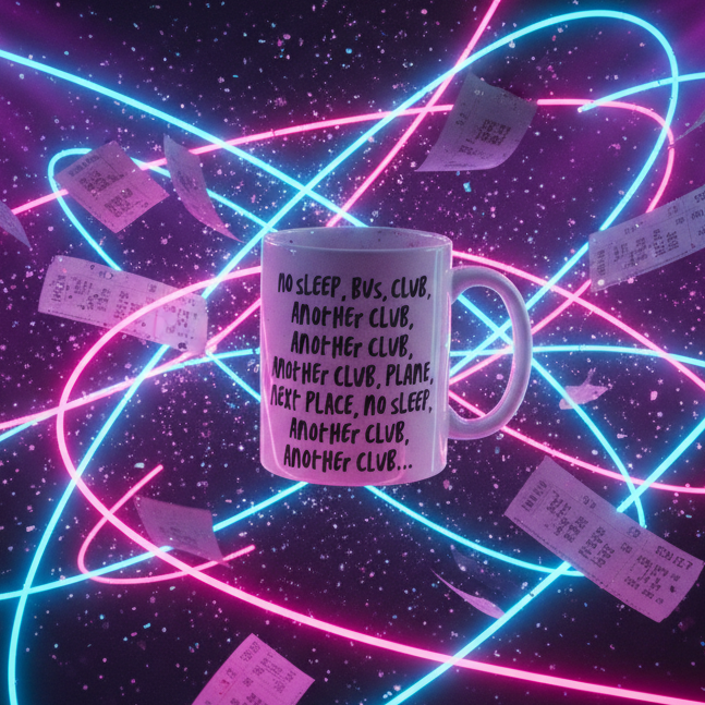 Mug reading “No Sleep, Bus, Club, Another Club” amid pink and blue neon lines