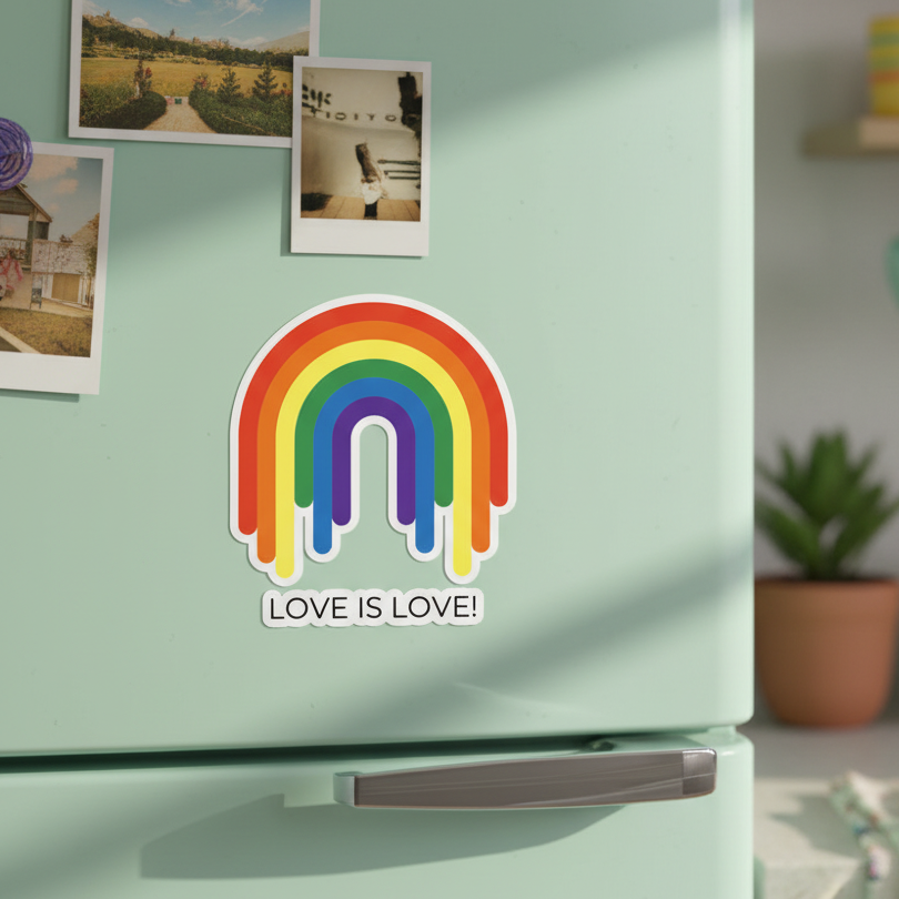 Mint-green fridge with a rainbow “LOVE IS LOVE!” sticker; queer vibes pop, polaroids, postcards, and plant on a lit back shelf.