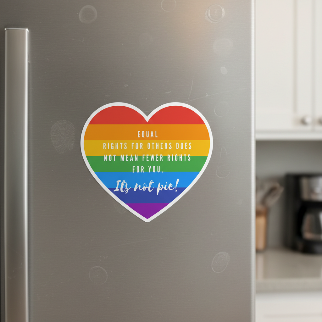 Bubble-free “It’s Not Pie” sticker with heart-shaped rainbow, slogan “Equal rights for others does not mean fewer rights for you. It’s not pie!” on a silver fridge; coffee maker and kitchen blurred in background.