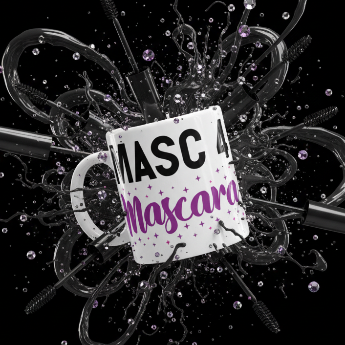 White mug reading “MASC 4 Mascara,” surrounded by mascara brushes and purple glitter