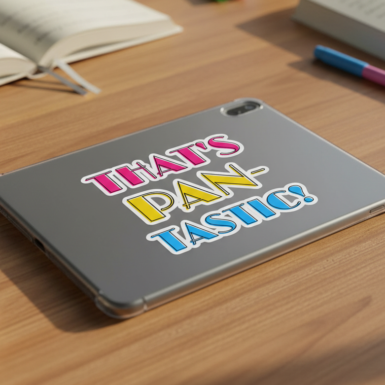 Bubble-free pride sticker on a silver tablet reads "THAT'S PAN-TASTIC!" in pink, yellow, and blue. Pansexual flag colors pop.