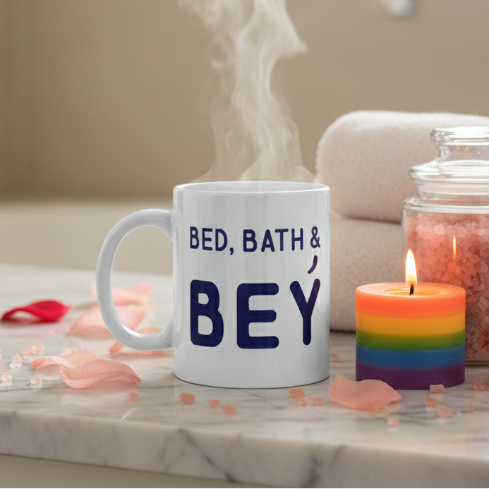 White “Bed, Bath & Bey” mug beside a lit rainbow candle and bath salts