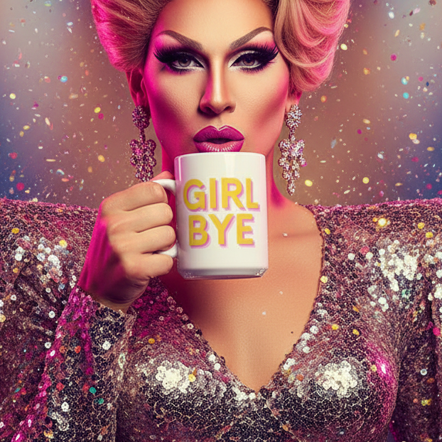 Glamorous portrait of a person with bold makeup and sparkling earrings, sipping from the Girl Bye mug. The scene exudes vibrant queer pride with a sequined top and confetti-like sparkles.