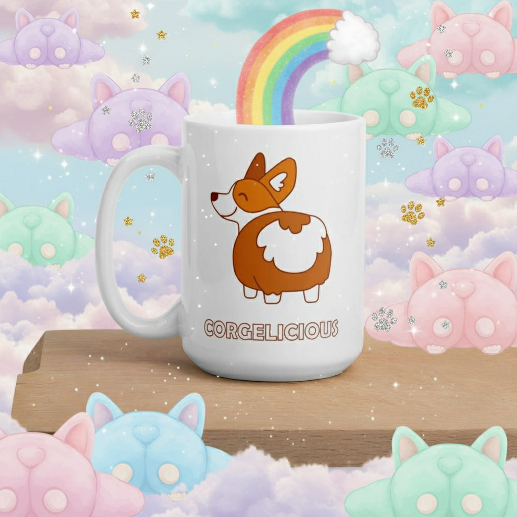 Corgelicious Mug featuring a cute cartoon corgi with a fluffy patch and CORGELICIOUS text. A rainbow with a cloud emerges from the mug, embodying prideful, joyful queer energy.