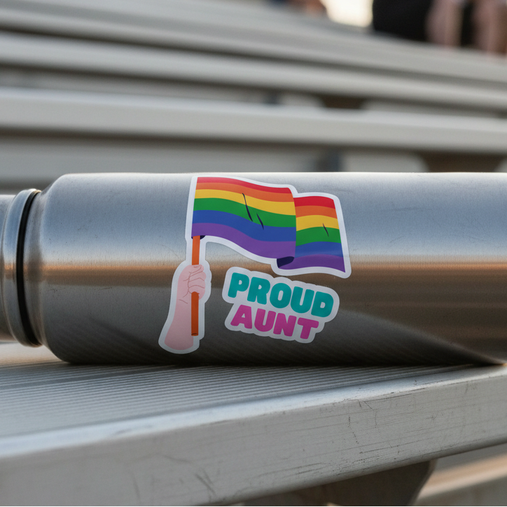 Silver water bottle on metal bleachers, decked out with a "PROUD AUNT" sticker—rainbow Pride flag and bold queer vibes.