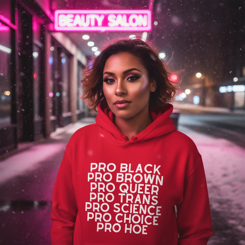 Red hoodie reading “PRO BLACK PRO BROWN PRO QUEER PRO TRANS PRO SCIENCE PRO CHOICE PRO HOE”