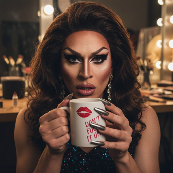 Drag performer holds a white mug reading “DON’T FUCK IT UP” beneath red lips