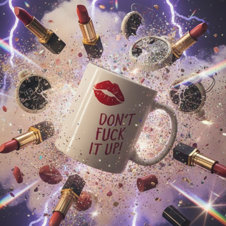 Don't Fuck It Up! Mug featuring bold red lips and slogan, surrounded by floating red lipsticks, shattered watch parts, glitter, and lightning in a cosmic blast, celebrating bold queer pride and RuPaul's legacy.