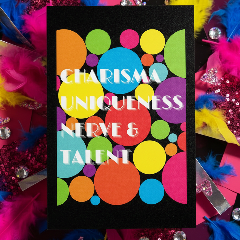 Charisma Uniqueness Nerve & Talent postcard with bold white text, rainbow circles on hot pink, plus feathers, sequins, and glitter.