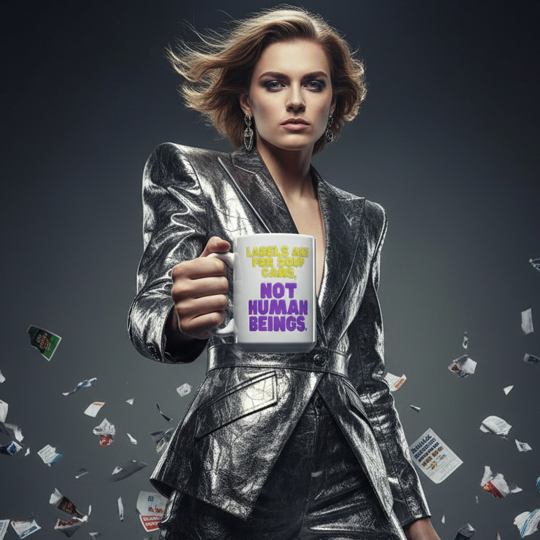 White mug reading “Labels Are for Soup Cans, Not Human Beings” held by a model