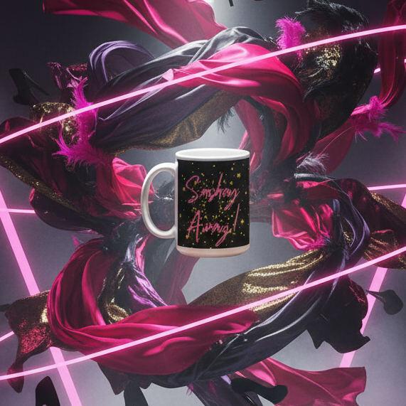 Sashay Away Mug featuring a starry graphic and pink cursive lettering, floating amid vibrant metallic ribbons and neon-pink beams, embodying bold, joyful queer energy and prideful self-expression.