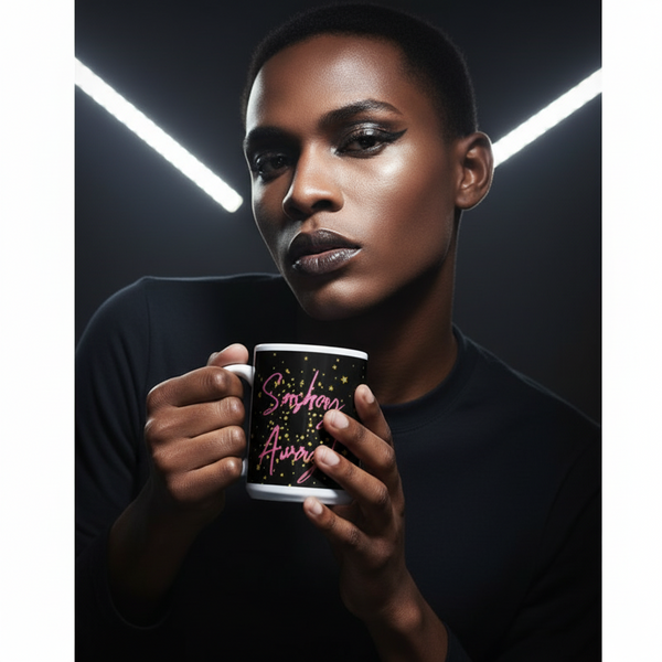 Young adult with bold makeup holds the Sashay Away Mug, a black ceramic piece adorned with gold stars and pink cursive text. Perfect for expressing LGBTQIA+ pride and self-expression, reflecting queer empowerment.