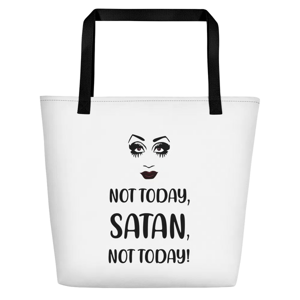 White tote bag with black handles, drag-style face graphic, and “NOT TODAY, SATAN, NOT TODAY!” text