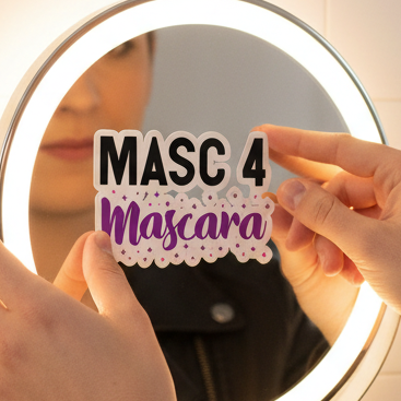 Masc 4 Mascara black and purple bubble-free sticker is applied to a round, lit mirror; only hands and jacket sleeves are visible.