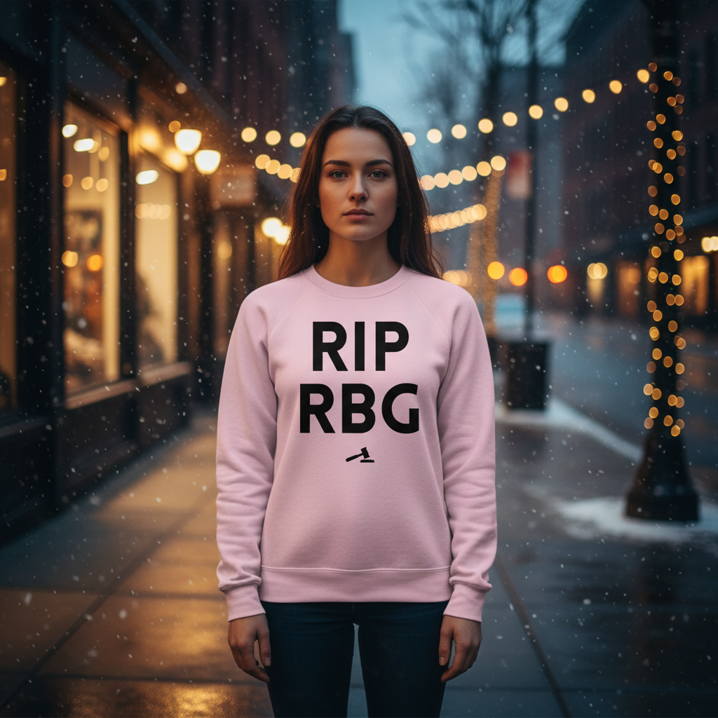 Young person wears RIP RBG Unisex Sweatshirt, a pale-pink classic fit with bold text and gavel icon, standing proudly on a snowy city street, reflecting queer pride and self-expression.
