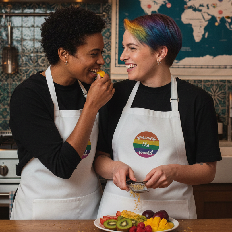 White embroidered aprons with rainbow “Queering the world” patches worn while cooking